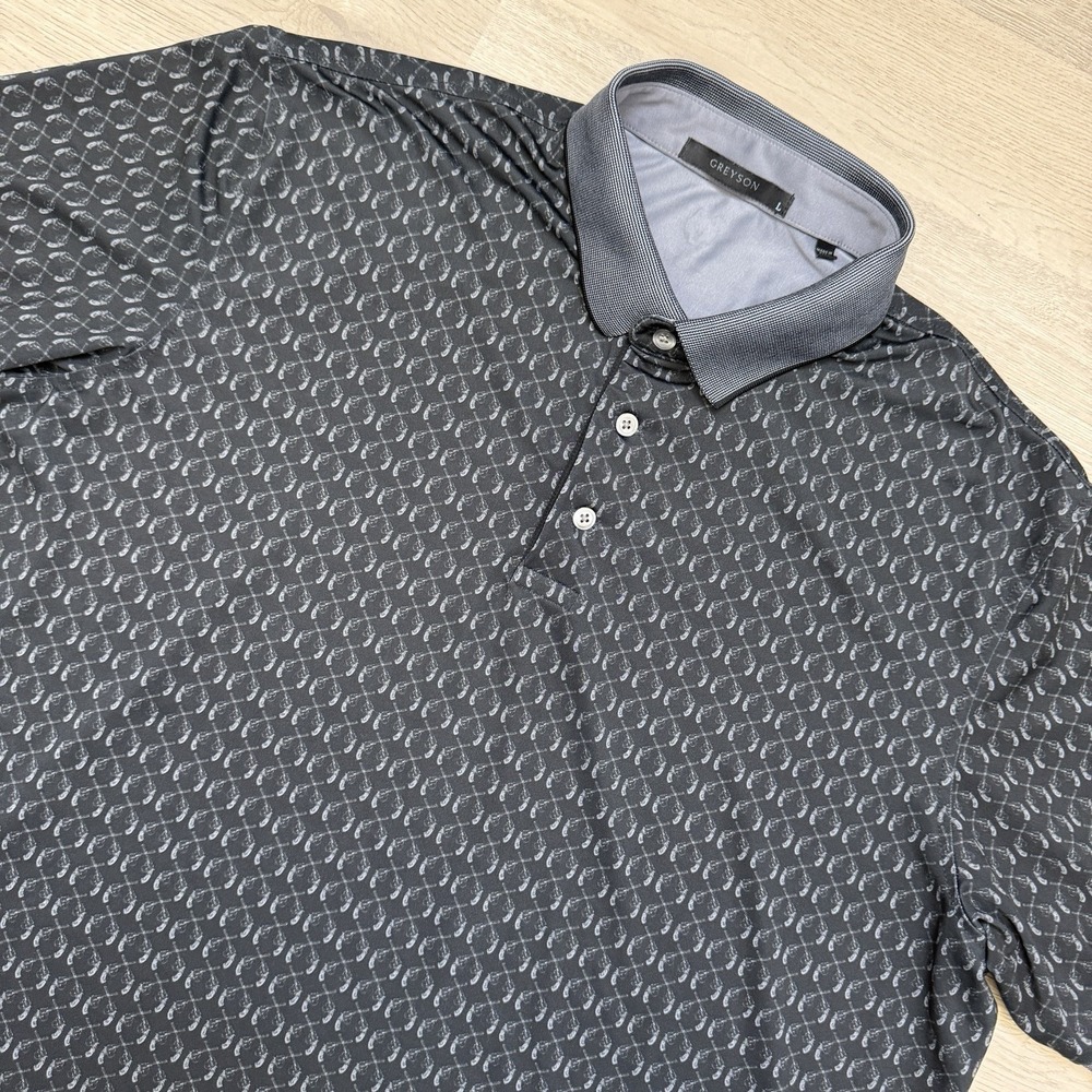 Greyson Polo Shirt Mens L Black Gray Gun Print Performance Golf Wolf